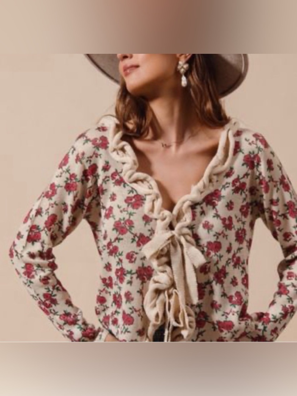 Boutique So Me Feeling Flirty Floral Ruffle Tie-Front Cardigan Cream Rose Size M